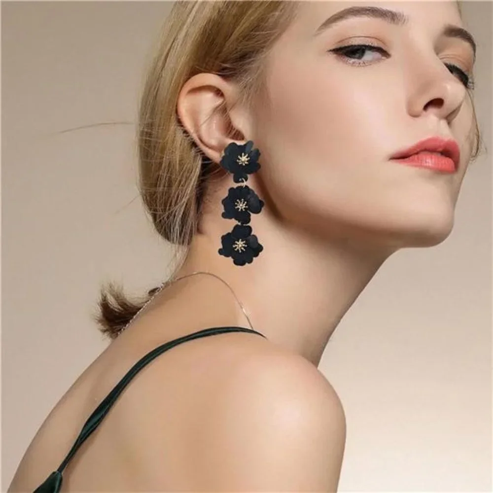 Black Matte Flower Dangle Earrings Tiered Floral‎ Drop Stud Chandelier Earrings - Picture 3 of 6